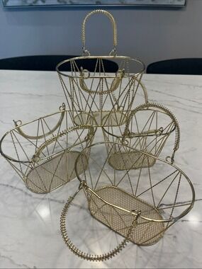 Gold Metal Wire Storage Basket Set with Braided Handles